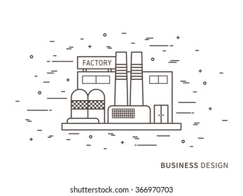 Linear flat exterior (landscape) design illustration of factory. Outline vector graphic concept of factory exterior (landscape) design.  

