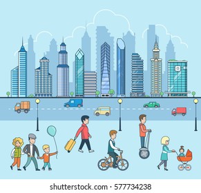 Linear Flat Families walking near road vector illustration. Urban skyscraper landscape. Real Estate concept.
