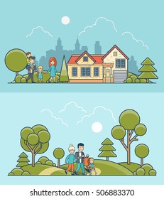 Linear Flat family walking on nature green lawn meadow and near cosy house on cityscape background vector illustration set. Casual life style concept.