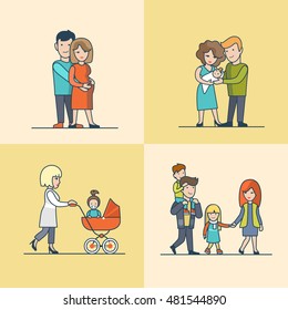 Linear Flat Family walking outdoors with children or baby in pram, pregnant woman in man's hug vector illustration set. Casual lifestyle parenting concept.