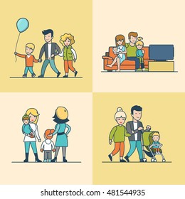 Linear Flat Family watching TV on couch, walking outdoors with balloon or baby in pram vector illustration set. Casual life parenting concept.