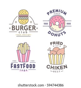 Linear Flat fast food badge, banner or logo emblem. Elements on the theme of the fast food business.
