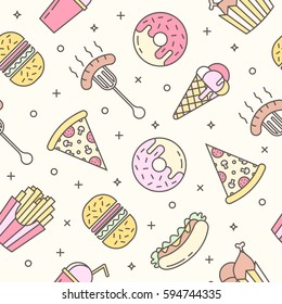Linear Flat fast food icons seamless pattern. Elements on the theme of the fast food business.