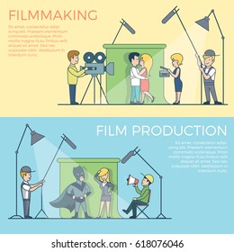 Linear Flat Film making and production vector illustration set. Entertainment concept.  Lovers, superhero, businesswoman, producer, operator, sound engineer characters.