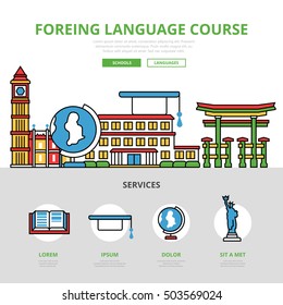 Linear flat Foreign language course infographics template and icons website hero image vector illustration. Knowledge and education concept.