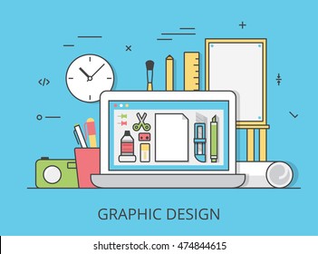 Linear Flat graphic design website hero image vector illustration. Digital art tools and technology concept. Laptop, digitizer, ruler, camera, graphics editing software interface.