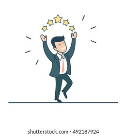 Linear Flat happy businessman jumping with stars over him vector illustration. Successful Business concept.