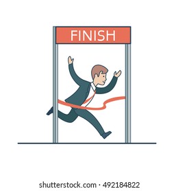 Linear Flat Happy businessman running, reaching the finish vector illustration. Successful Business, leadership concept.