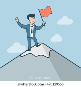 Linear Flat Happy businessman stands on mountain peak with flag in hand vector illustration. Achievement and success in business concept.