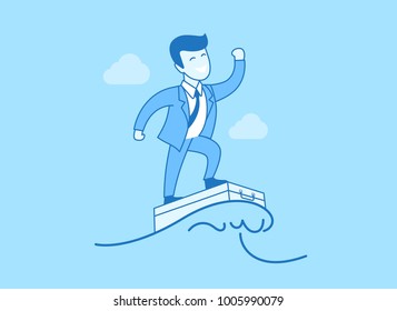 Linear Flat happy businessman wave surfing on suitcase vector illustration. Successful Business concept.