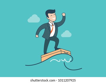 Linear Flat happy businessman wave surfing on suitcase vector illustration. Successful Business concept.