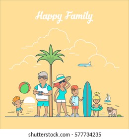 Linear Flat happy family on sea nature landscape vector illustration. Summer vacation and travelling concept.