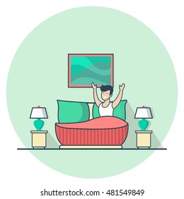 Linear Flat Happy Man stretching himself lying in bedroom vector illustration. Casual life concept.