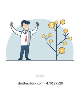 Linear Flat Happy manager near money tree vector illustration. Business Gain and Profit concept.