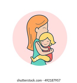 Linear Flat Happy mother carrying little baby girl vector illustration. Family care and values concept.