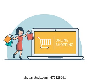 Linear Flat Happy woman with purchase bags near huge laptop vector illustration. Online Shopping concept.