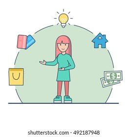 Linear Flat happy woman standing; lamp, house, money, credit cards package in circle around vector illustration. Casual finance expenses distribution concept.