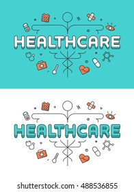 Linear Flat Healthcare word over Caduceus and icons website hero image vector illustration. Medical service and Health care concept. Headers and labels collection.