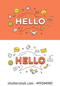 Linear Flat HELLO word over chat bubbles and icons website hero image vector illustration set. Global social network and communication concept.