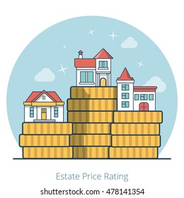 Linear Flat Houses on top of huge coin stack pile vector illustration. Difference between expensive and cheaper, estate and realty price rating concept.