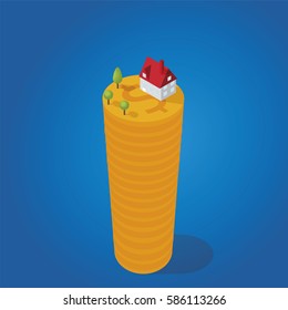 Linear Flat Houses on top of huge coin stack pile vector illustration, estate and realty price rating concept.