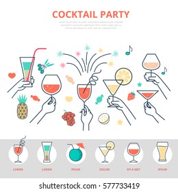 Linear flat human hands holding Alcohol drinks on Cocktail party infographics template and icons website hero image vector illustration. Holidays and celebrations concept.