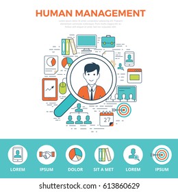 Linear flat HUMAN MANAGEMENT infographics template and icons website hero image vector illustration. Business Leadership concept.