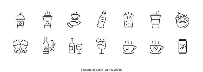 Linear flat icons set of beverage containers and drinks.