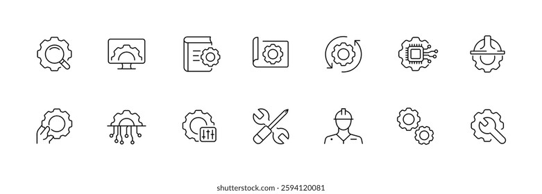 Linear flat icons set of gear and engineering tools.