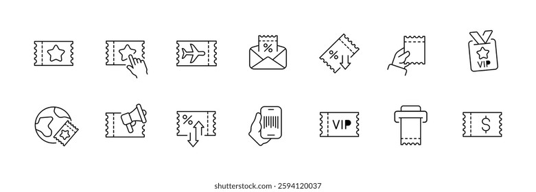 Linear flat icons set of tickets and coupons in minimal style.