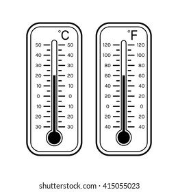 Linear flat icons of thermometers for weather. Scale Celsius, Fahrenheit. 