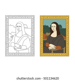 Linear flat illustration of The Mona Lisa by Leonardo da Vinci. La Joconde painting in golden frame. Portrait of Mona Lisa from Louvre Museum.