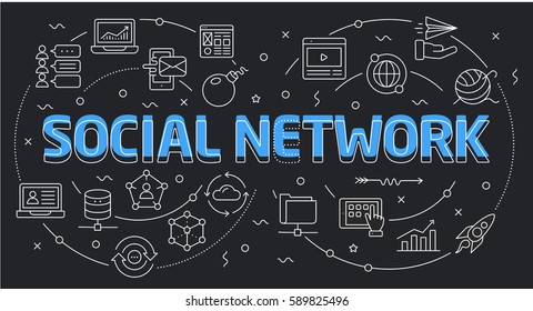 Linear flat illustration for presentations dark background social network