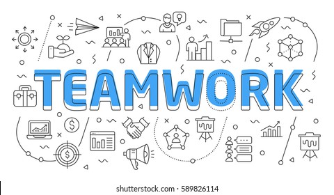 Linear flat illustration for presentations white background teamwork