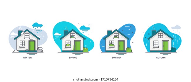 Linear flat illustration of a private house. Spring time logo concept. House on a blue background.
