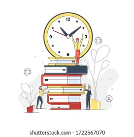 Ilustración lineal, sobre aprendizaje, cursos en línea y negocios, educación, libros en línea y libros de texto, preparación de exámenes, educación en el hogar.
