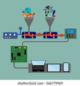 Linear Flat industrial manufacture conveyor machine vector illustration. Business product production process concept.  Mobile phone production line and packaging concept.