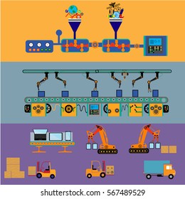 Linear Flat industrial manufacture conveyor machine vector illustration. Business product production process concept.  Mobile phone production line and packaging concept.