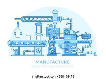 Linear Flat industrial manufacture conveyor machine vector illustration. Business product production process concept