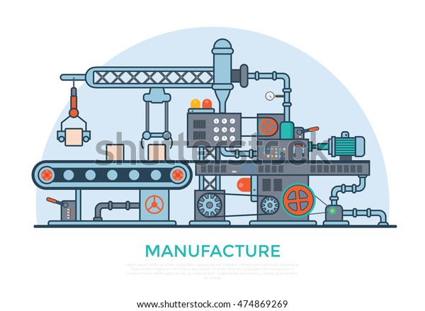 リニアフラット工業製造コンベアの機械ベクターイラスト ビジネス製品の生産プロセスのコンセプト のベクター画像素材 ロイヤリティフリー