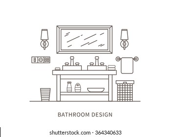 Linear flat interior design illustration of modern designer bathroom interior space with mirror, shelf, towel, lamps, washbasin. Outline vector graphic concept of bathroom interior design.  
