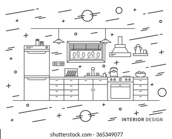 Linear flat interior design illustration of modern designer kitchen interior space with cupboard, shelves, stove, lamps, fridge. Outline vector graphic concept of kitchen interior design.  
