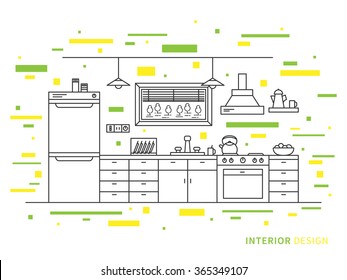 Linear flat interior design illustration of modern designer kitchen interior space with cupboard, shelves, stove, lamps, fridge. Outline vector graphic concept of kitchen interior design.  
