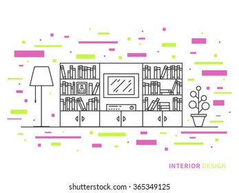Linear flat interior design illustration of modern designer living room interior space with cupboard, shelves, stove, lamps, fridge. Outline vector graphic concept of living room interior design.  
