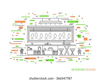 Linear flat interior design illustration of modern designer living room interior space with flowers, shelves, table, chairs, window. Outline vector graphic concept of living room interior design.  
