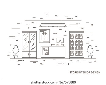 Linear flat interior design illustration of modern shop (store) interior space with flowers, shelves, table, counter, showcase. Outline vector graphic concept of shop (store) interior design.  
