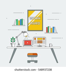 Linear flat interior design illustration of modern designer working place interior space with shelves, table, laptop, lamp, chair, cup of coffee. Outline vector graphic concept of working place. Color