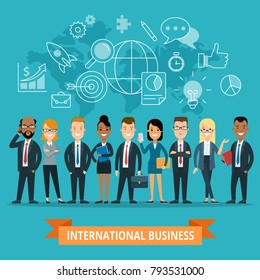 Linear flat international business infographics icons template website hero image vector illustration. Worldwide global corporate people team characters set  concept.