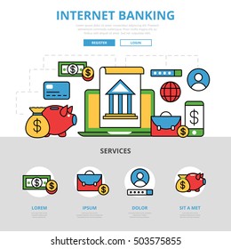 Linear flat Internet banking infographics template and icons website hero image vector illustration. Online account management concept.