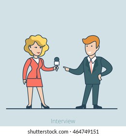 Linear Flat interview of female correspondent and businessman vector illustration. Television, mass media, press release, hot news concept.